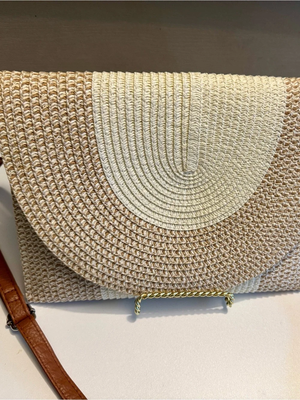 Woven Straw Tote Bag with Brown Strap - Neutral Cream/Beige